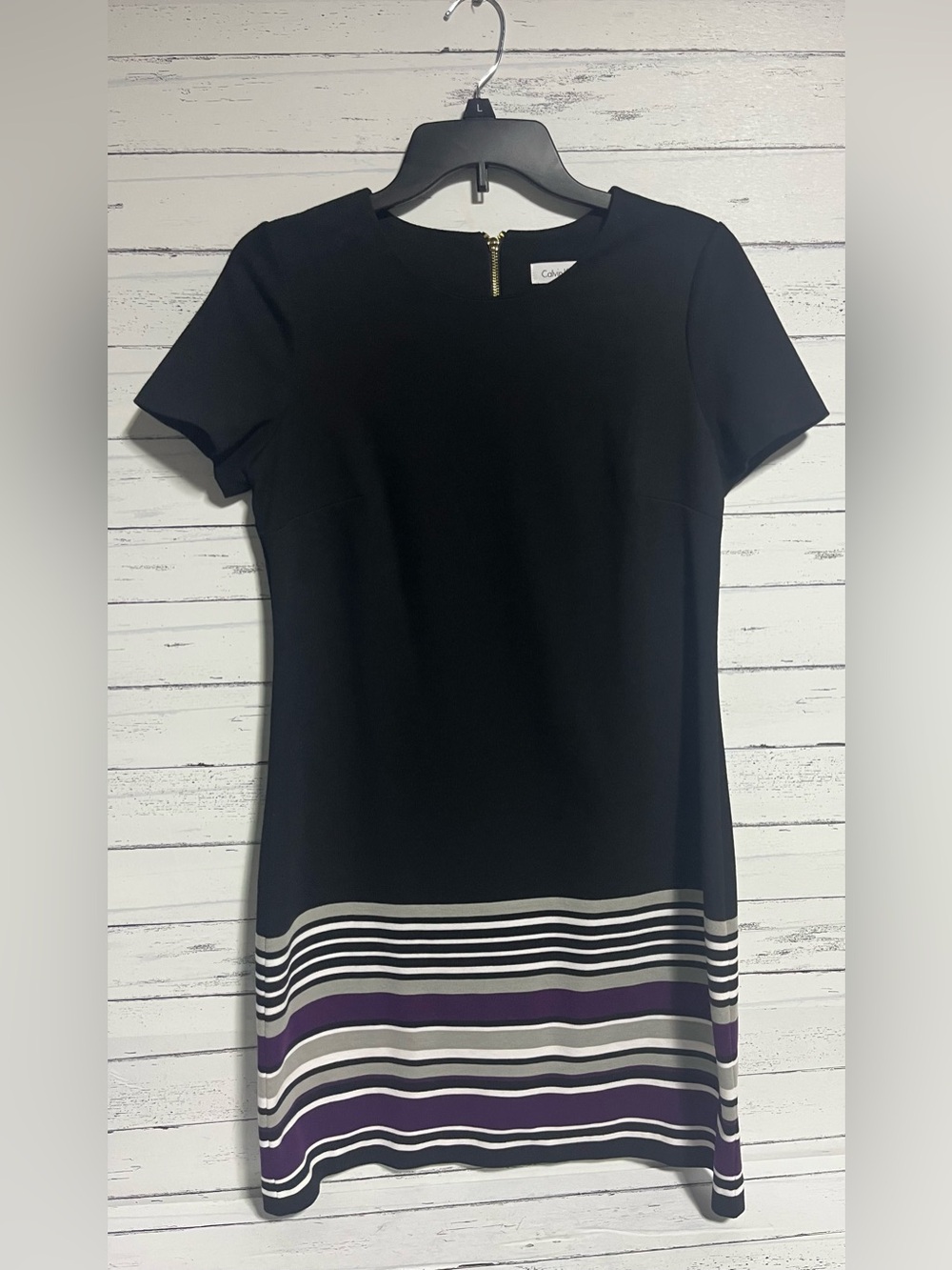 Women’s Calvin Klein Dress Size 10 Black Short Sleeve Shift Dress Striped Hem